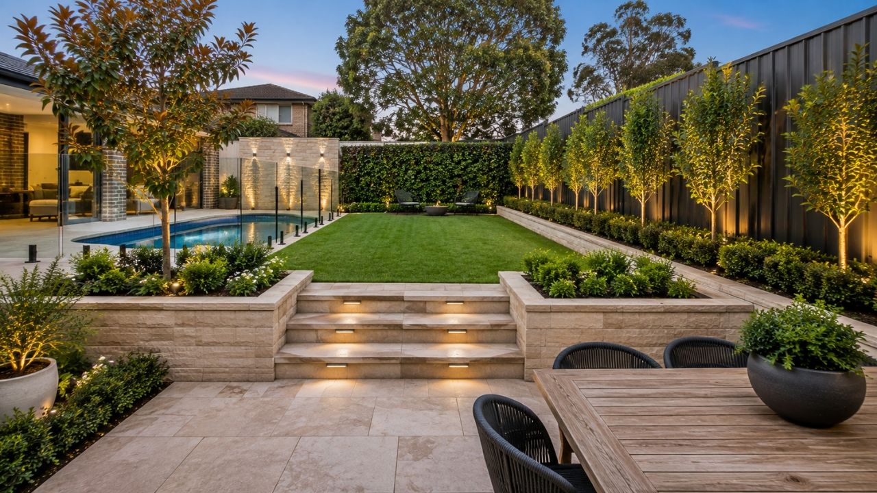 After landscaping: green lawn, garden beds, stone steps and pool
